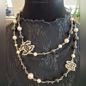 Chanel 12A Barqoue CC Enamel Faux Pearl Black Bead Necklace